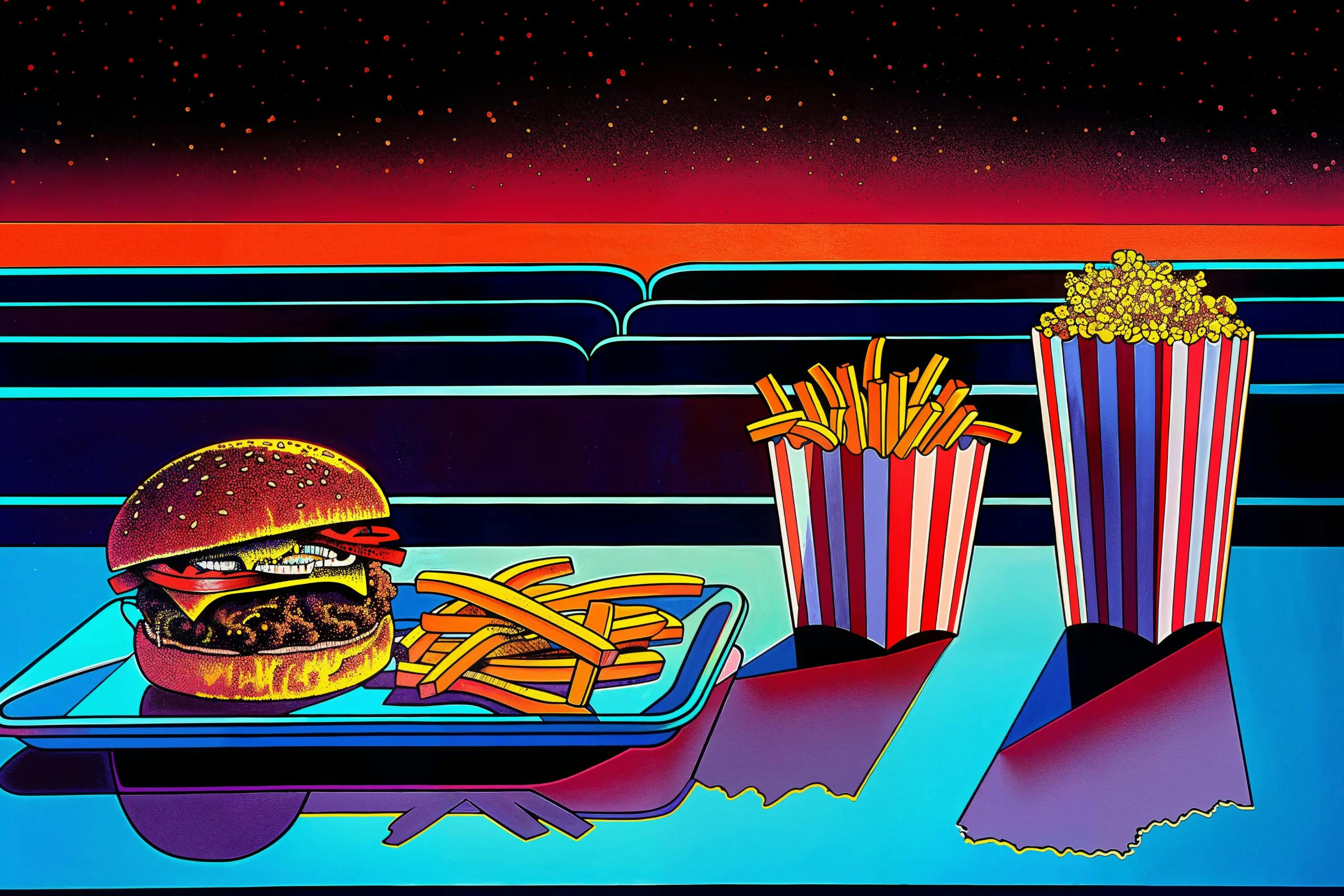 Stylized illustration of a burger, fries, and popcorn on a table in a movie theater