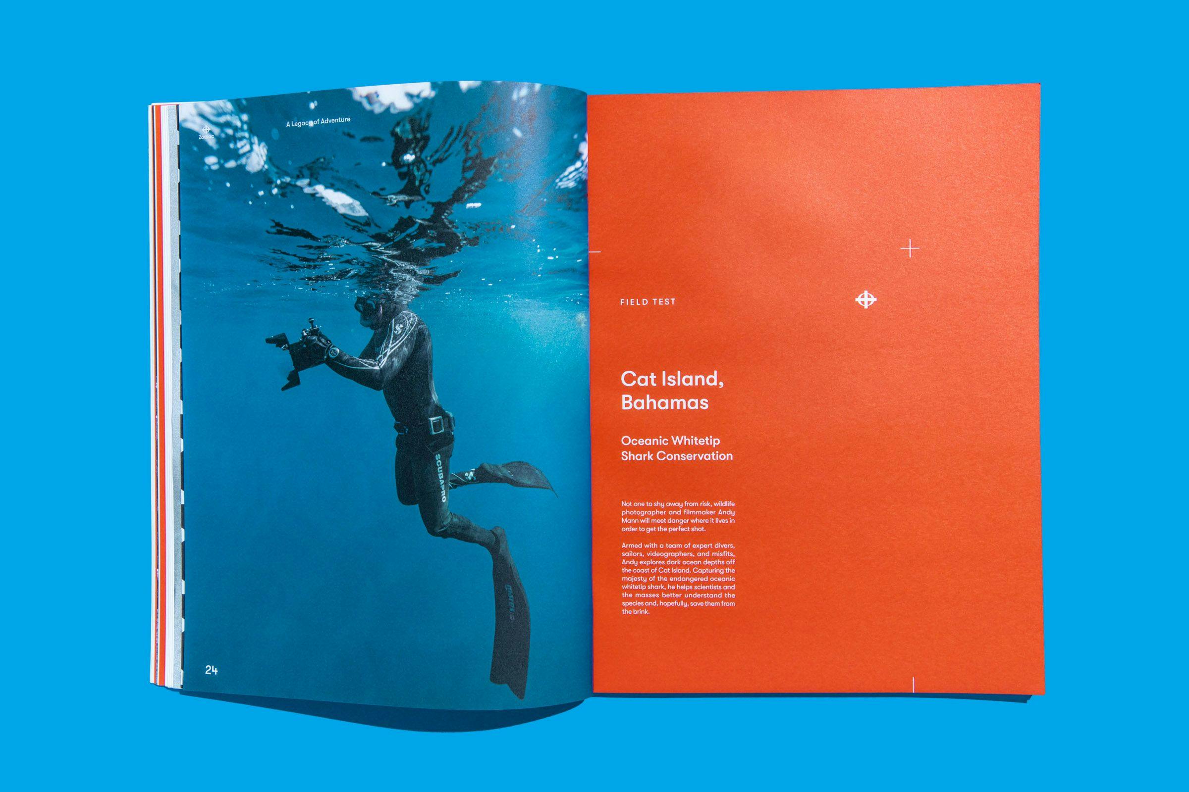 Vibrant pages from the Zodiac Watches: Brand Book showing a diver in a body of water