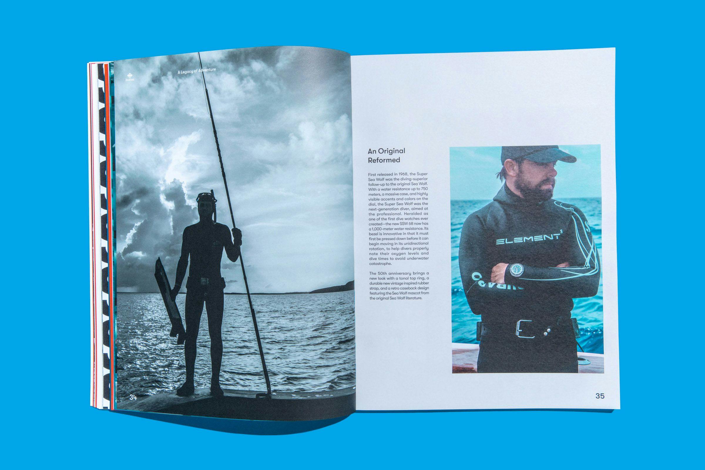 Pages from the Zodiac Watches: Brand Book with photos of divers near the ocean