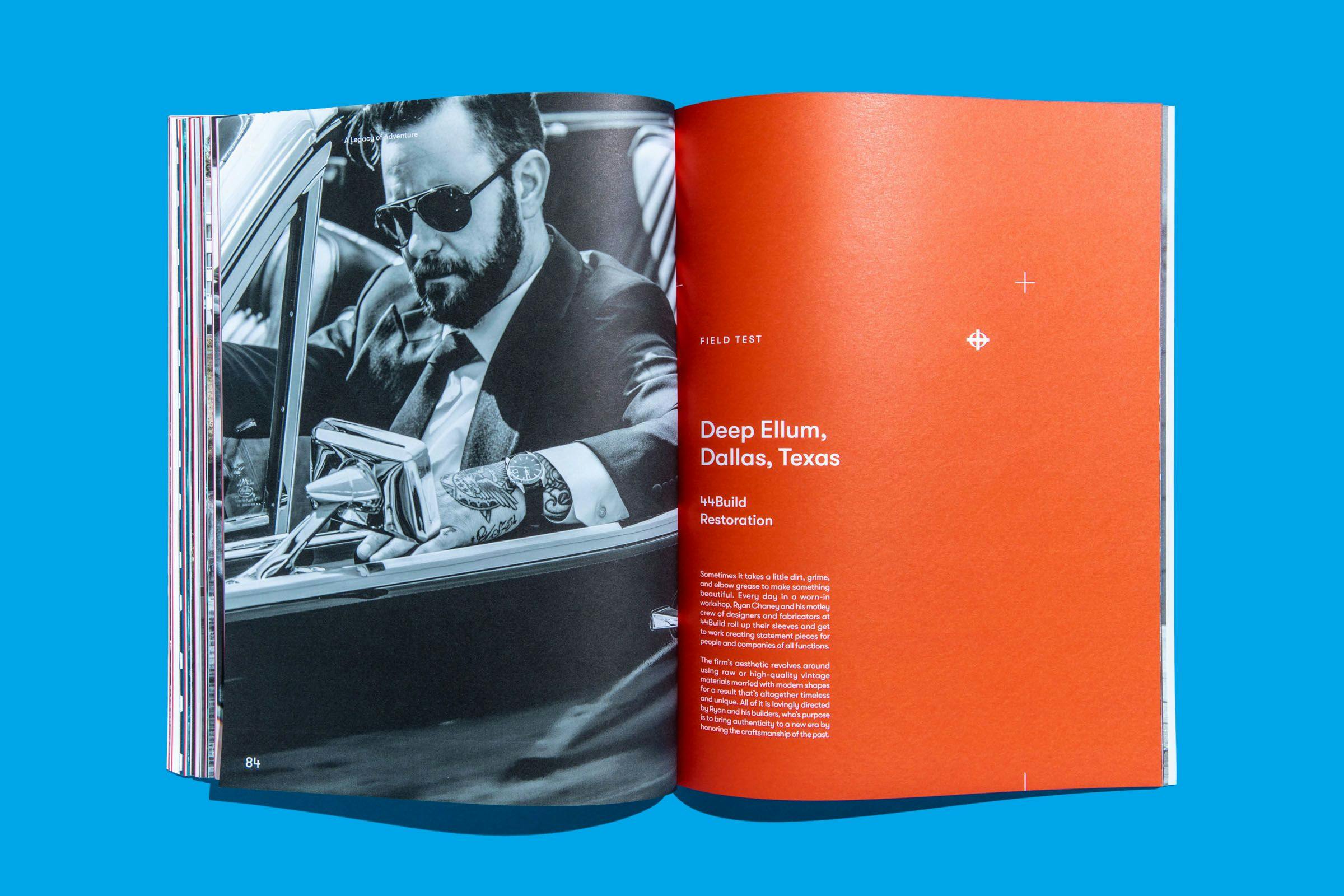 Vibrant orange and monochromatic pages featured in the Zodiac Watches: Brand Book