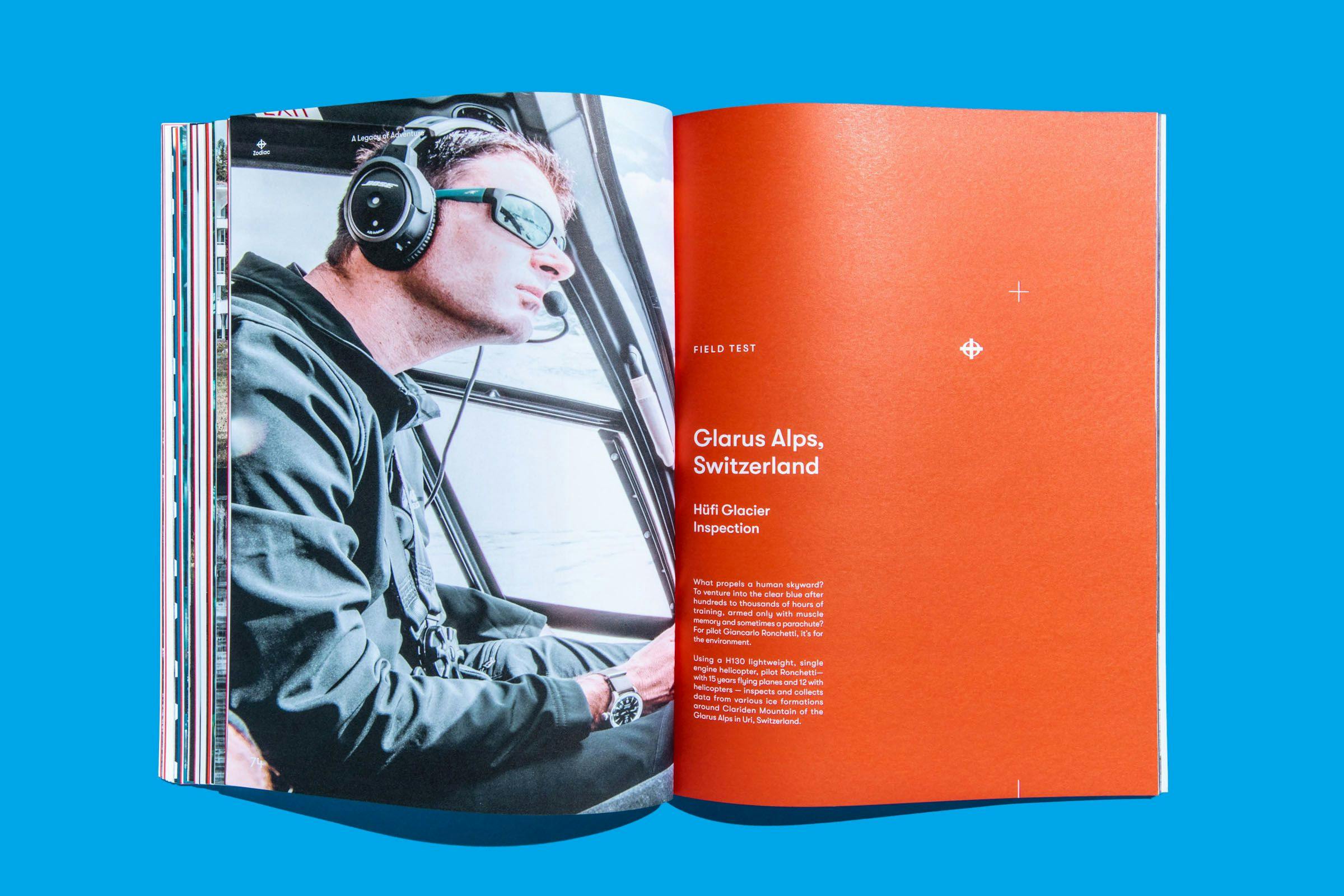 A vibrant orange page with white text and a page with a photo of a pilot