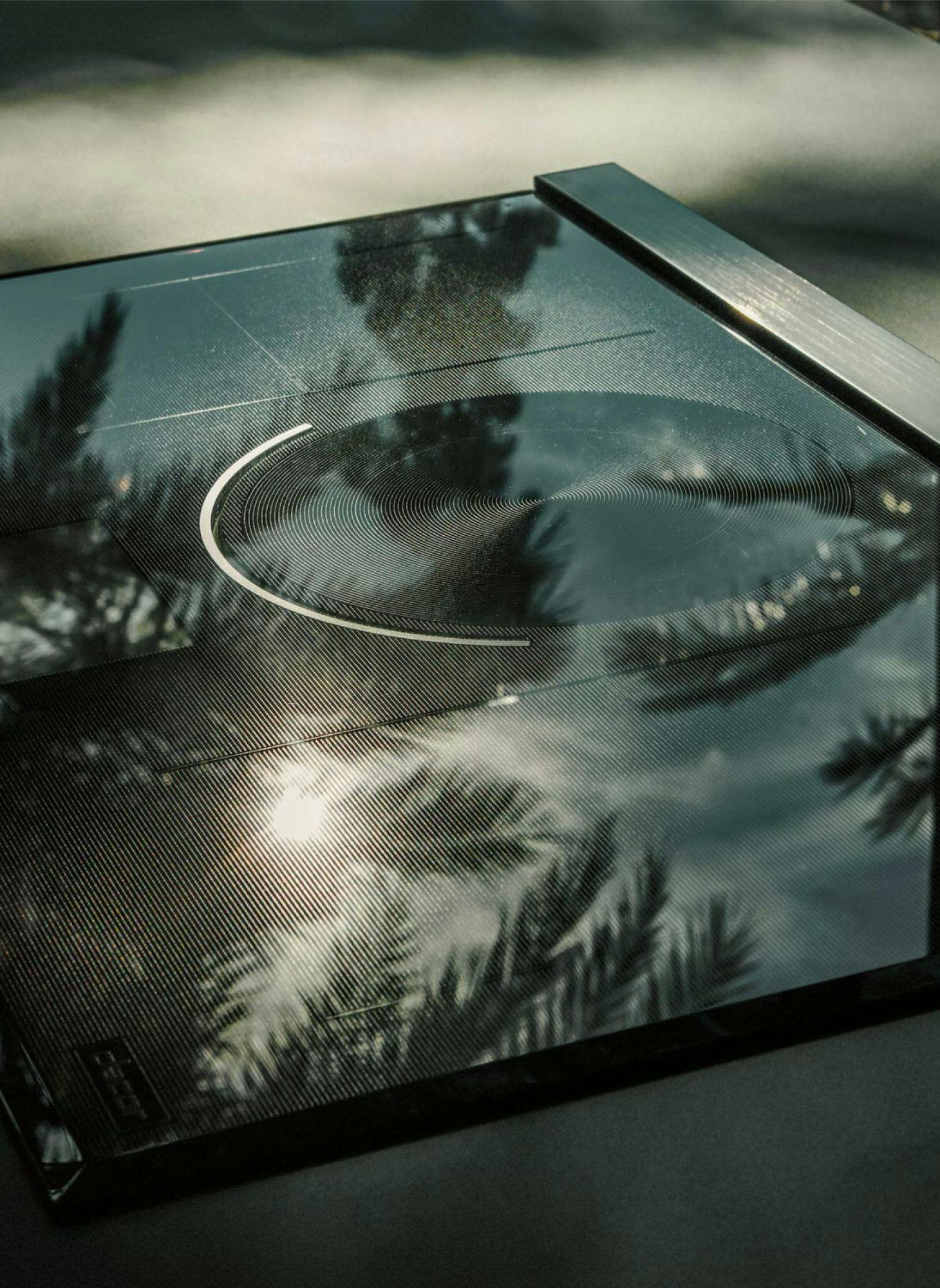 Reflection of tree branches and clouds on glass
