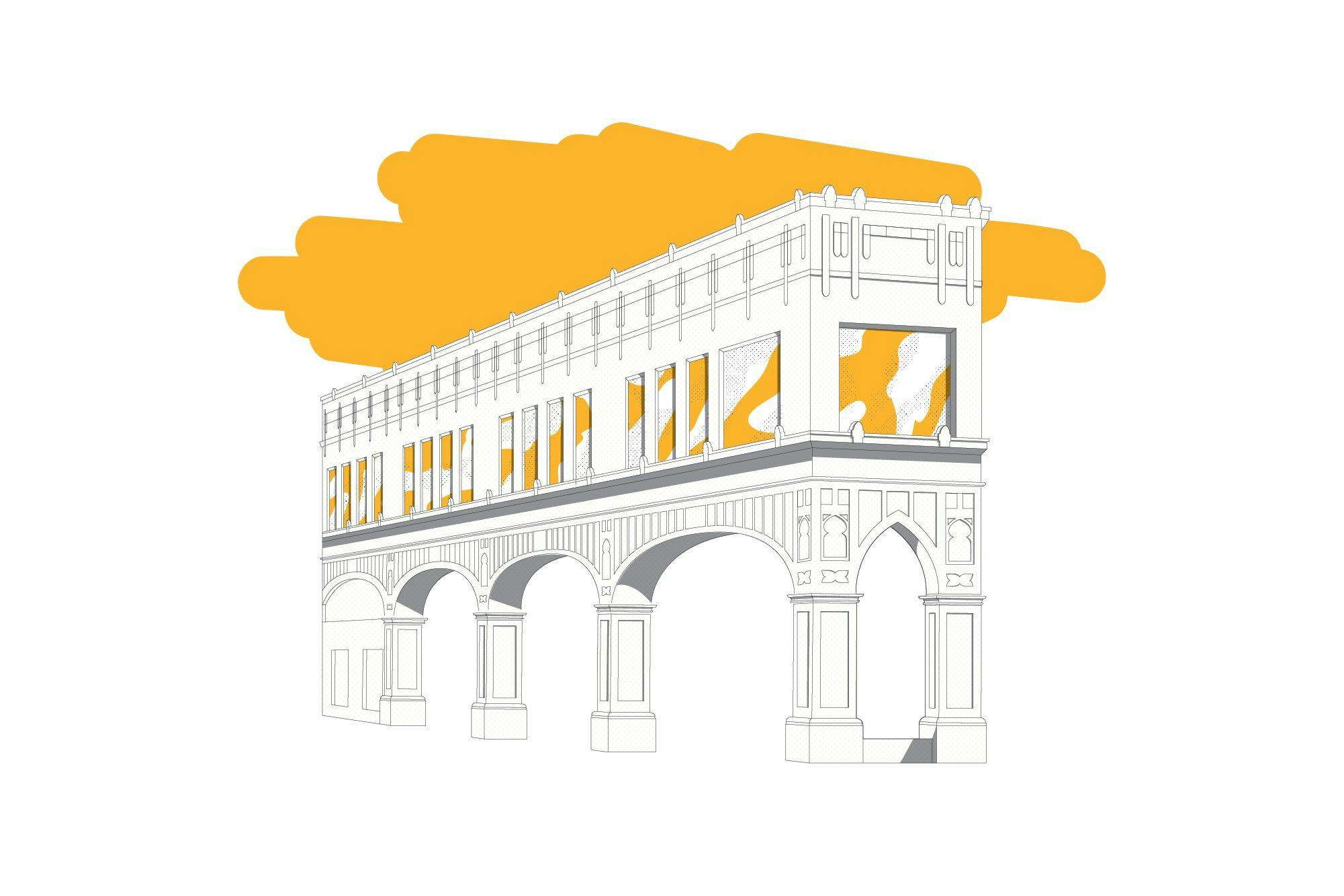 White and yellow drawing of a building