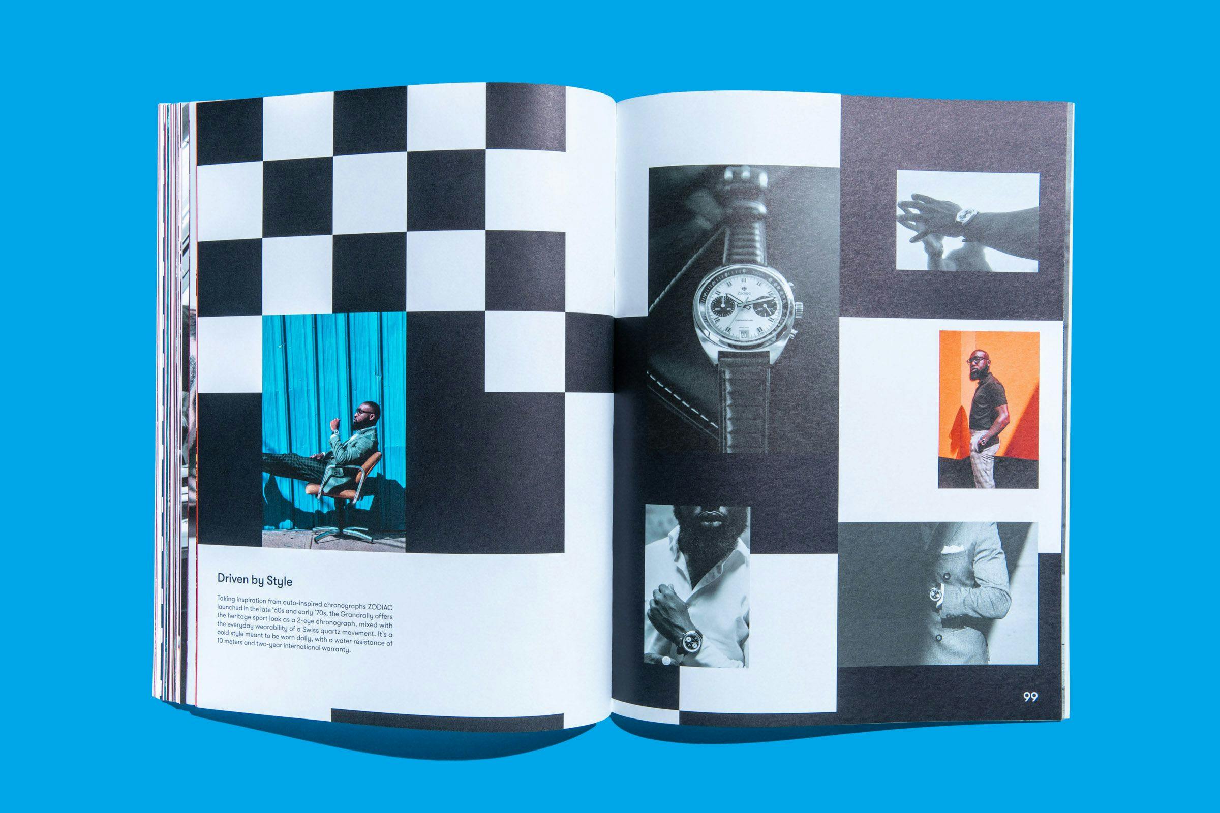 Vibrant page designs inside of the Zodiac Watches: Brand Book