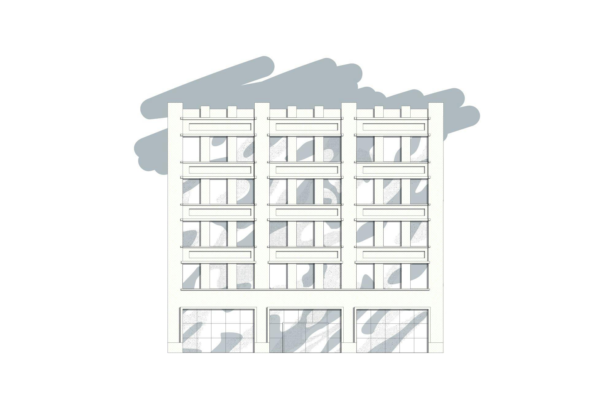 White and gray drawing of a building