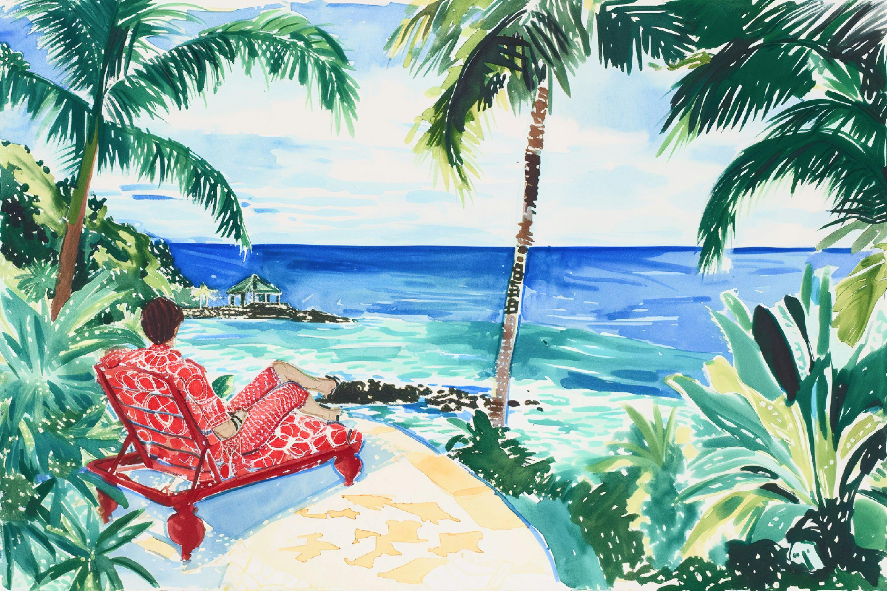 Illustration of a Person Lounging Under Palm Trees on a Beach
