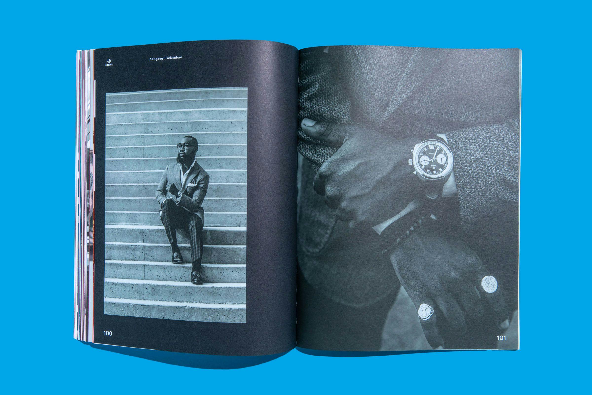 Pages from the Zodiac Watches: Brand Book featuring monochromatic photos