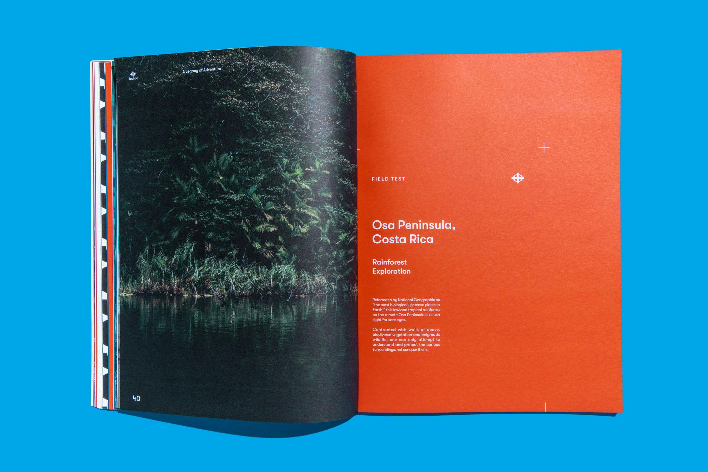 Vibrant pages from the Zodiac Watches: Brand Book showing nature near a body of water