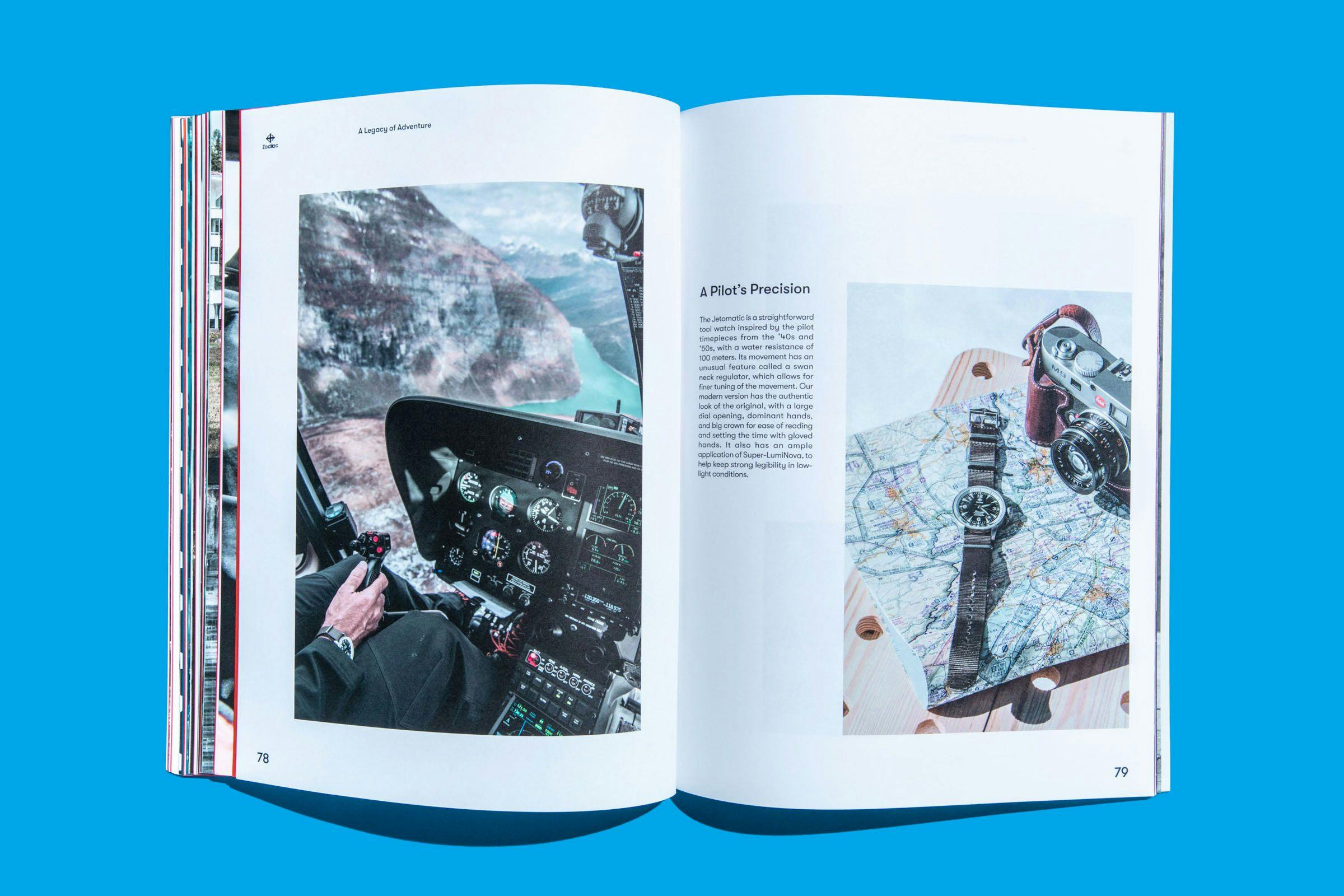 Pages from the Zodiac Watches: Brand Book showing a full sized photo of a pilot and a Zodiac Watch