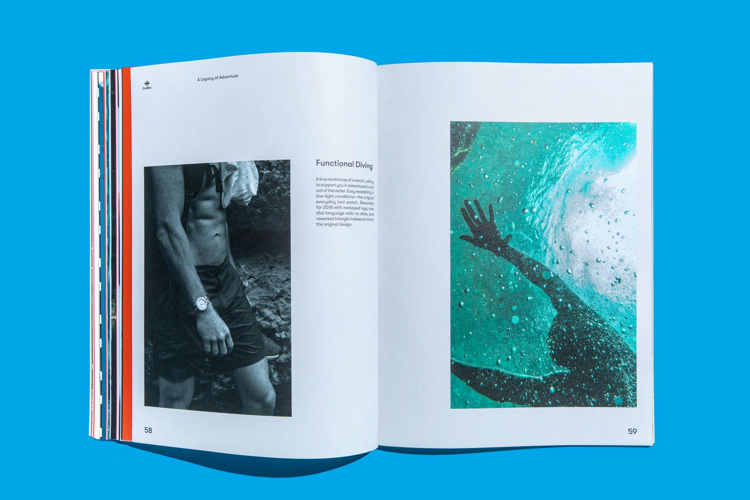 Photos from pages in the Zodiac Watches: Brand Book showing someone in swimwear and an individual swimming
