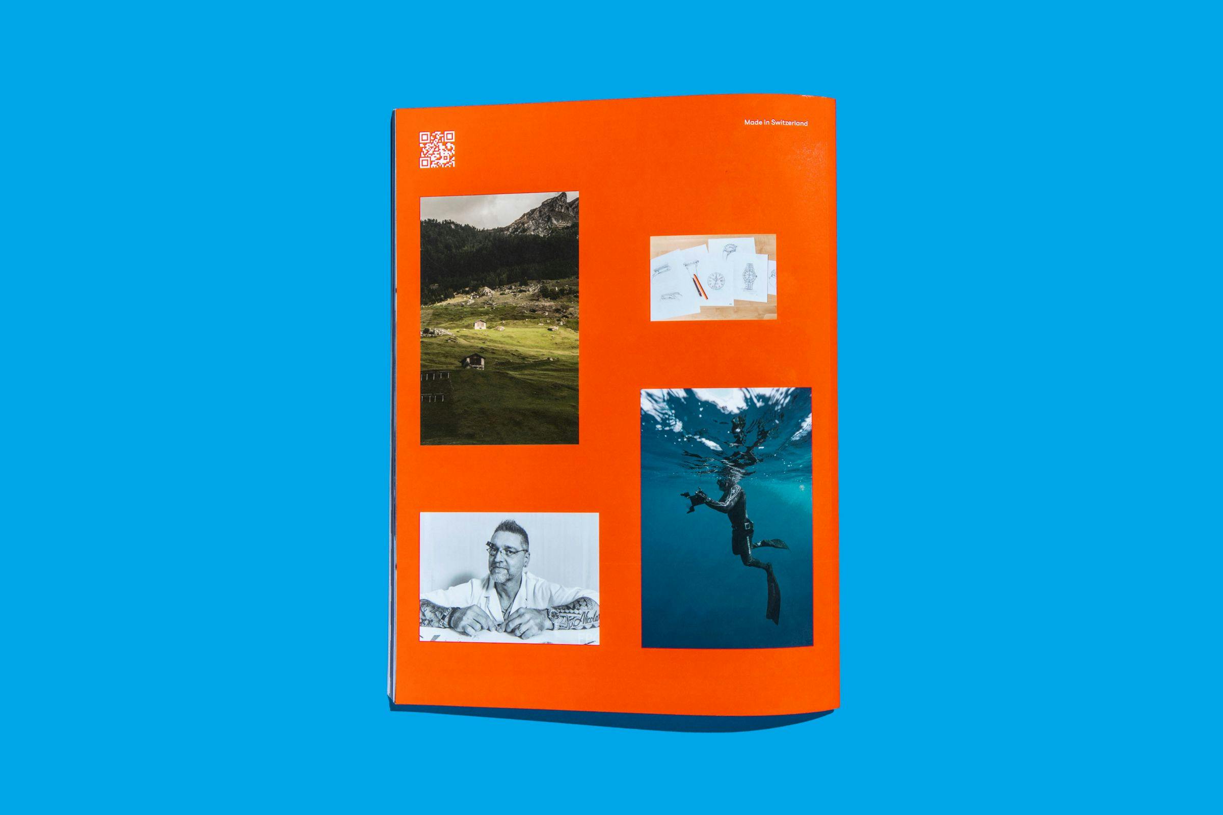 A page from the Zodiac Watches: Brand book showing four photos on an orange background 