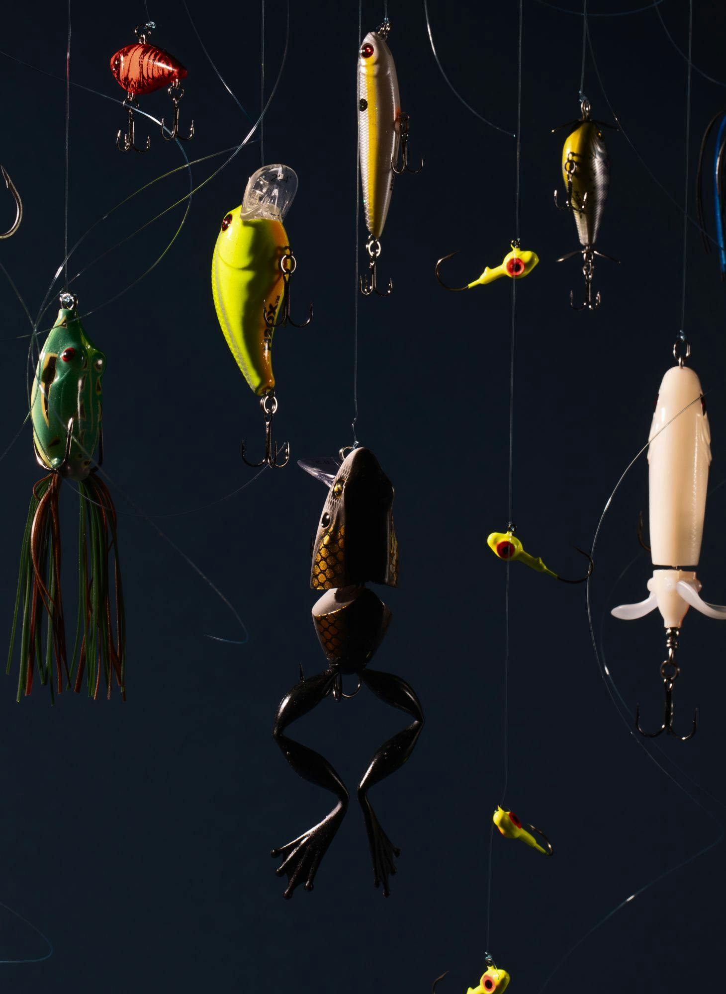 An assortment of brightly colored fishing lures