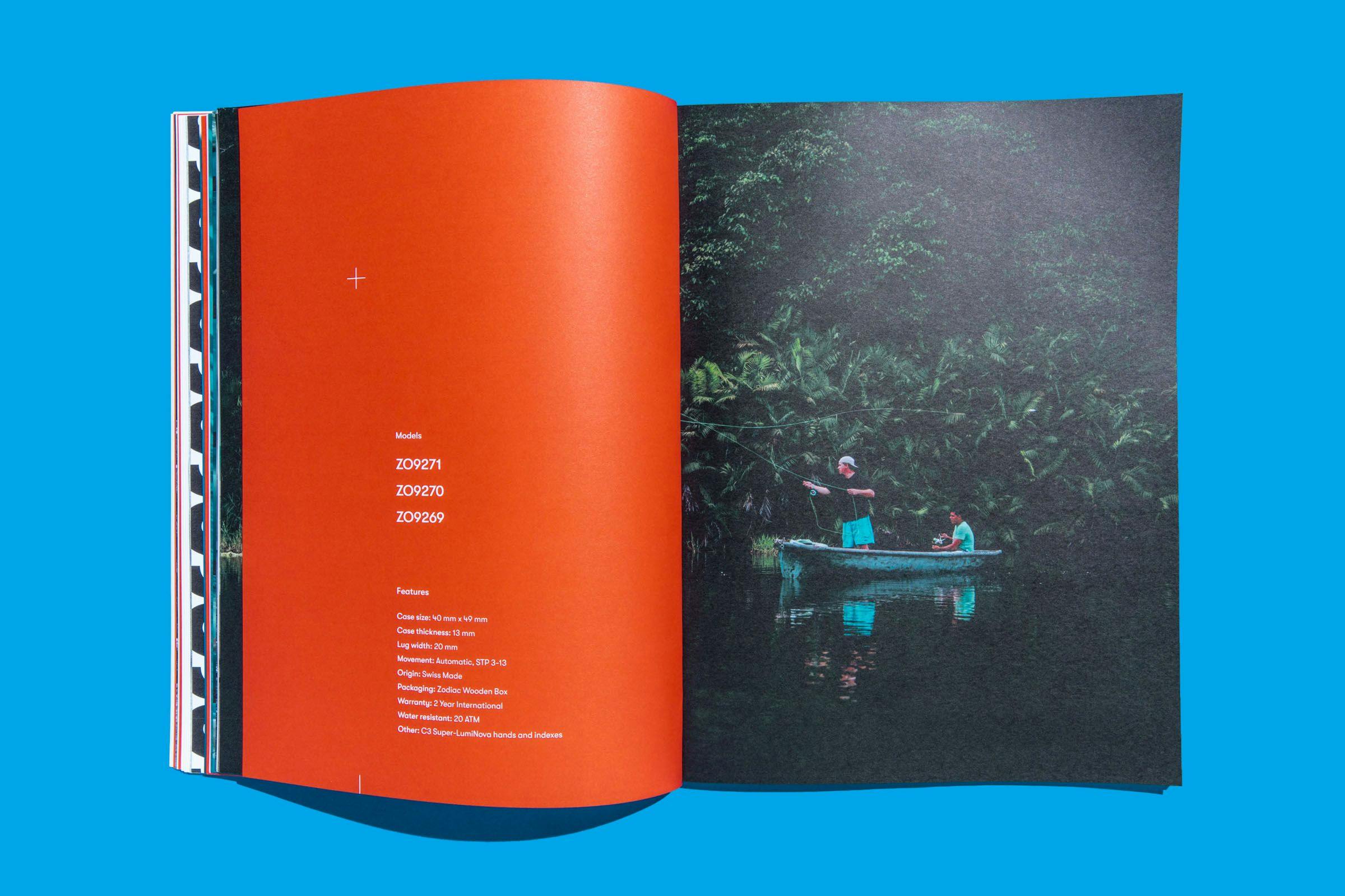 Vibrant pages from the Zodiac Watches: Brand Book with one showing individuals fishing in a boat