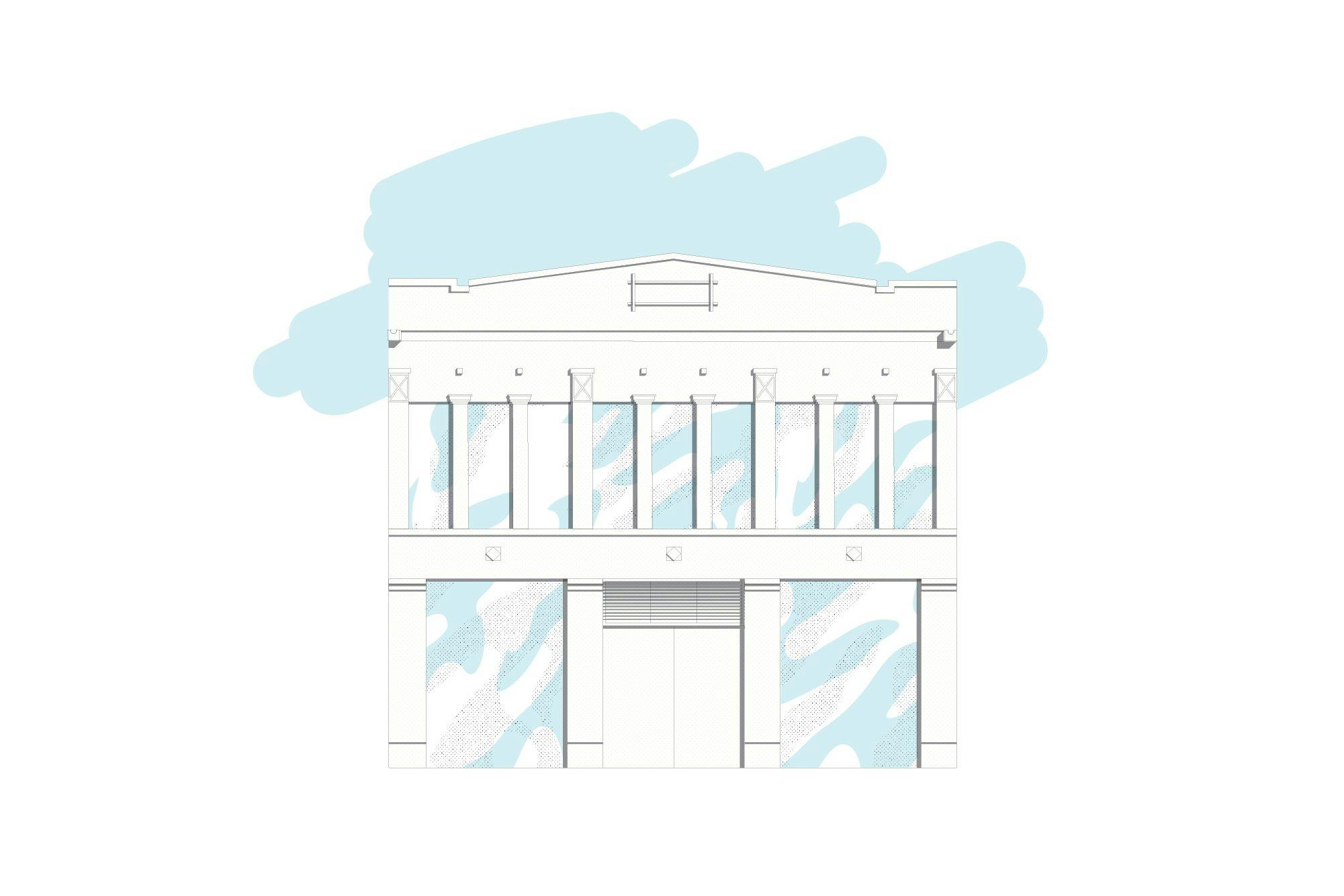 White and blue drawing of a building
