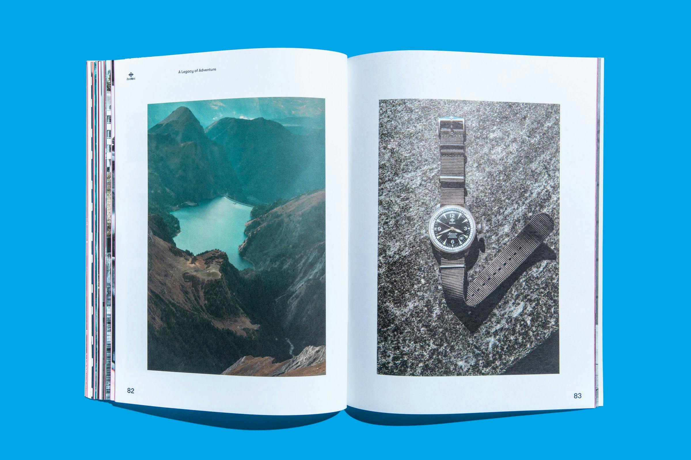 Pages from the Zodiac Watches: Brand Book with photos of mountains and a Zodiac Watch