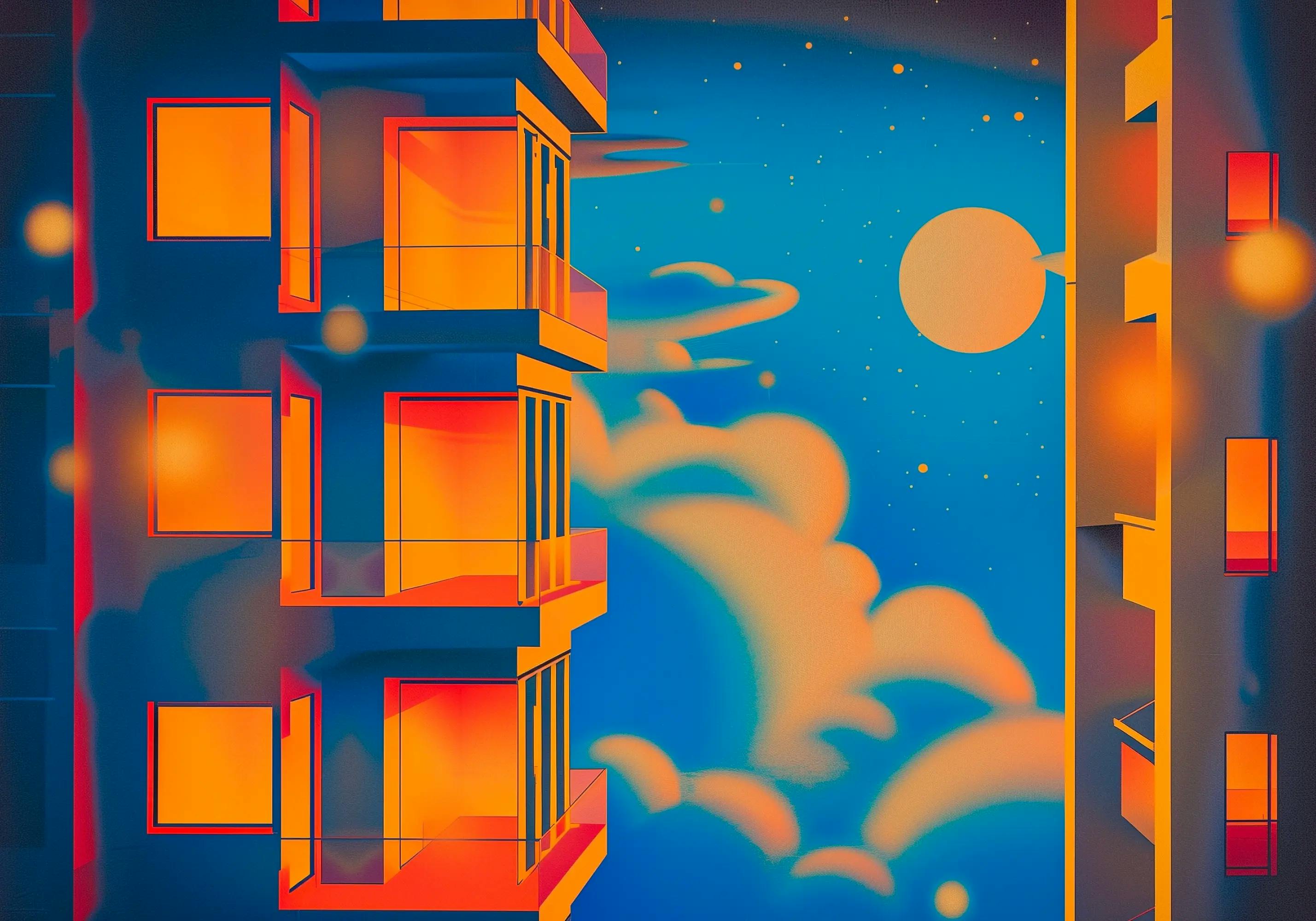 Illustration of apartment buildings against a nighttime sky