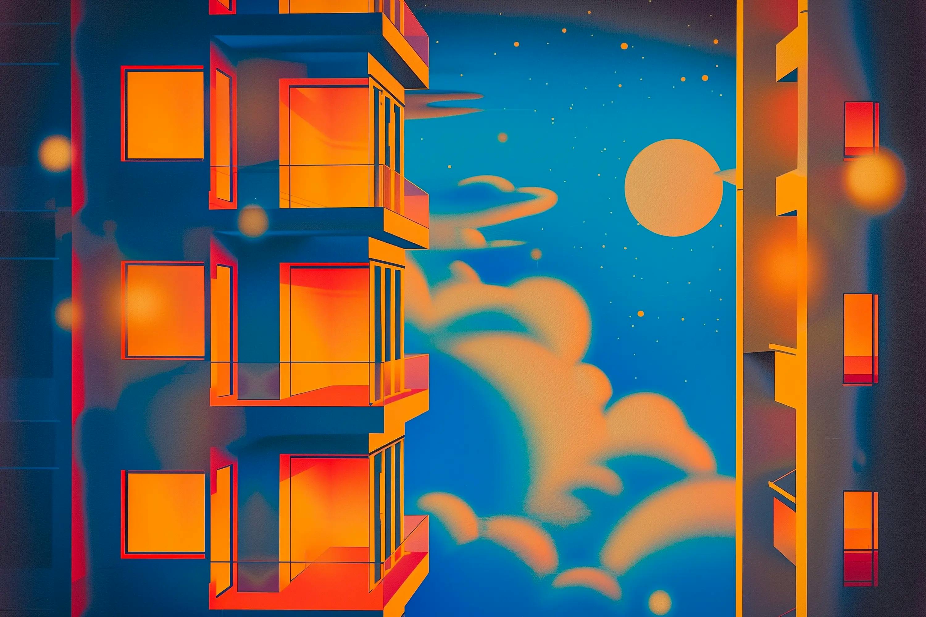 Illustration of apartment buildings against a nighttime sky