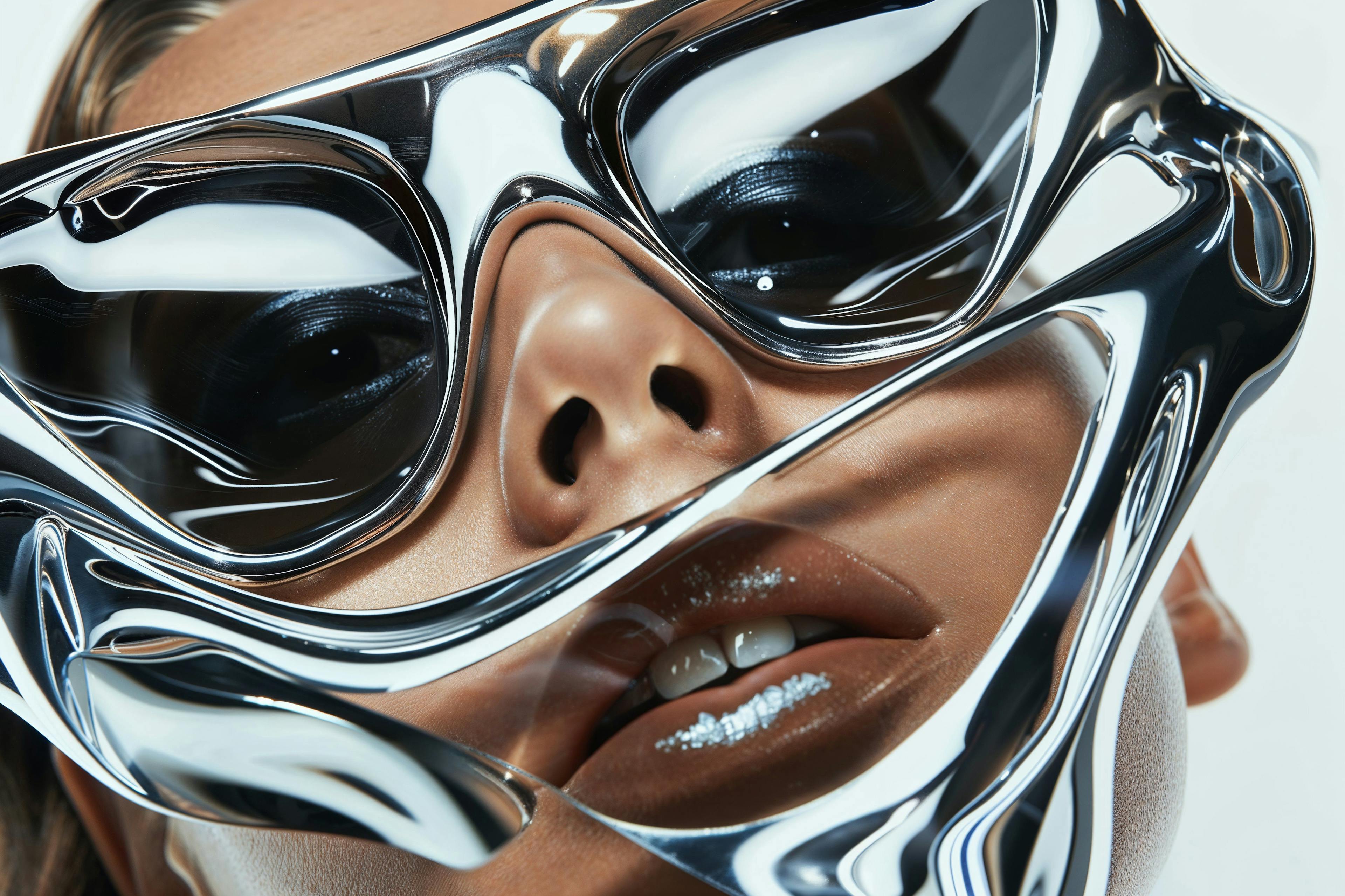 Close up of a woman modeling a metallic pair of sunglasses