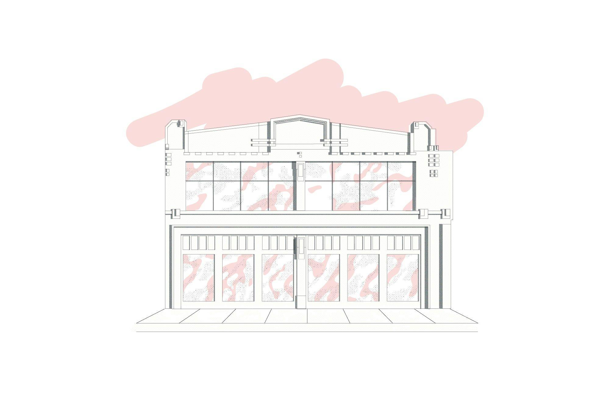 White and pink drawing of a building