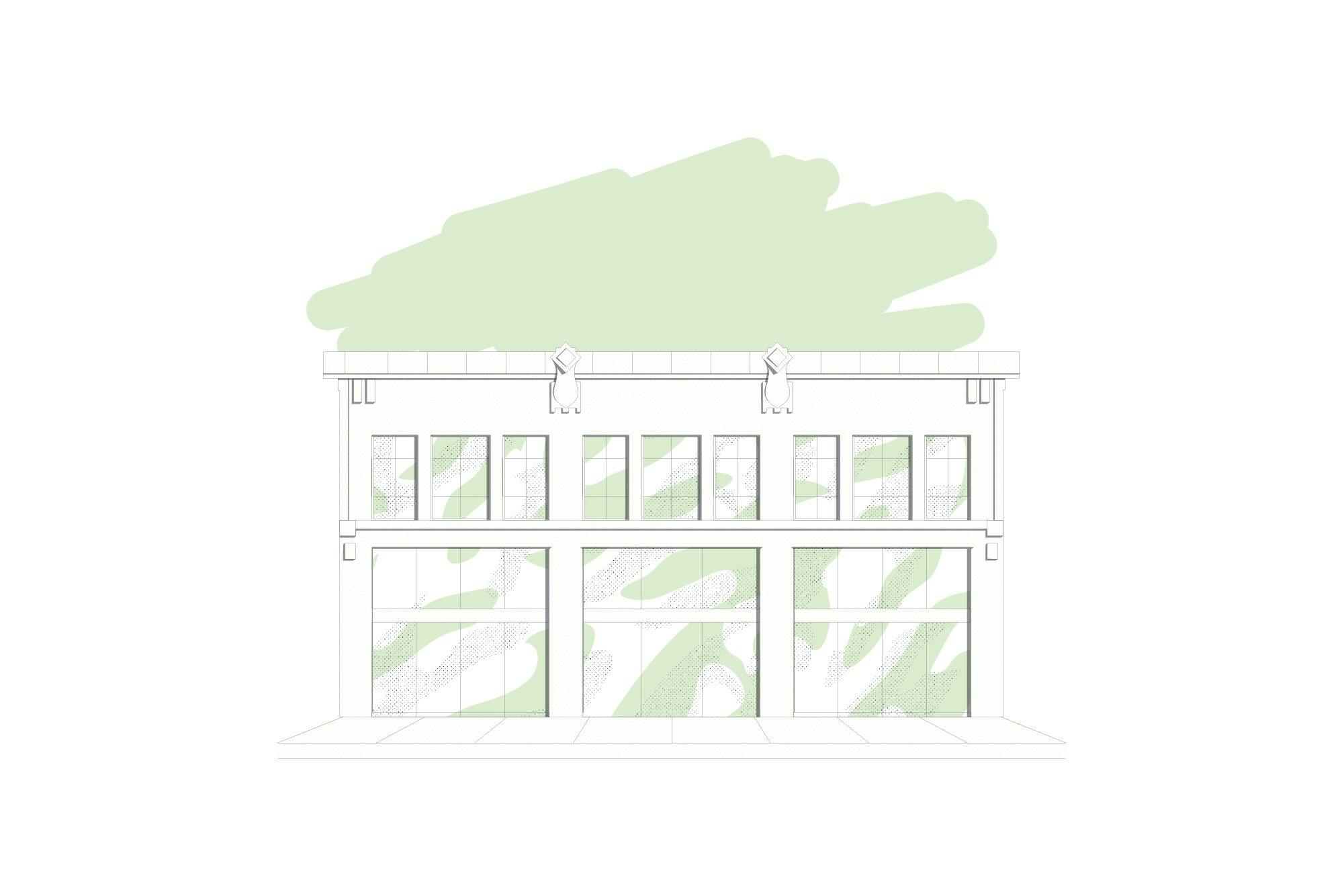 White and green drawing of a building