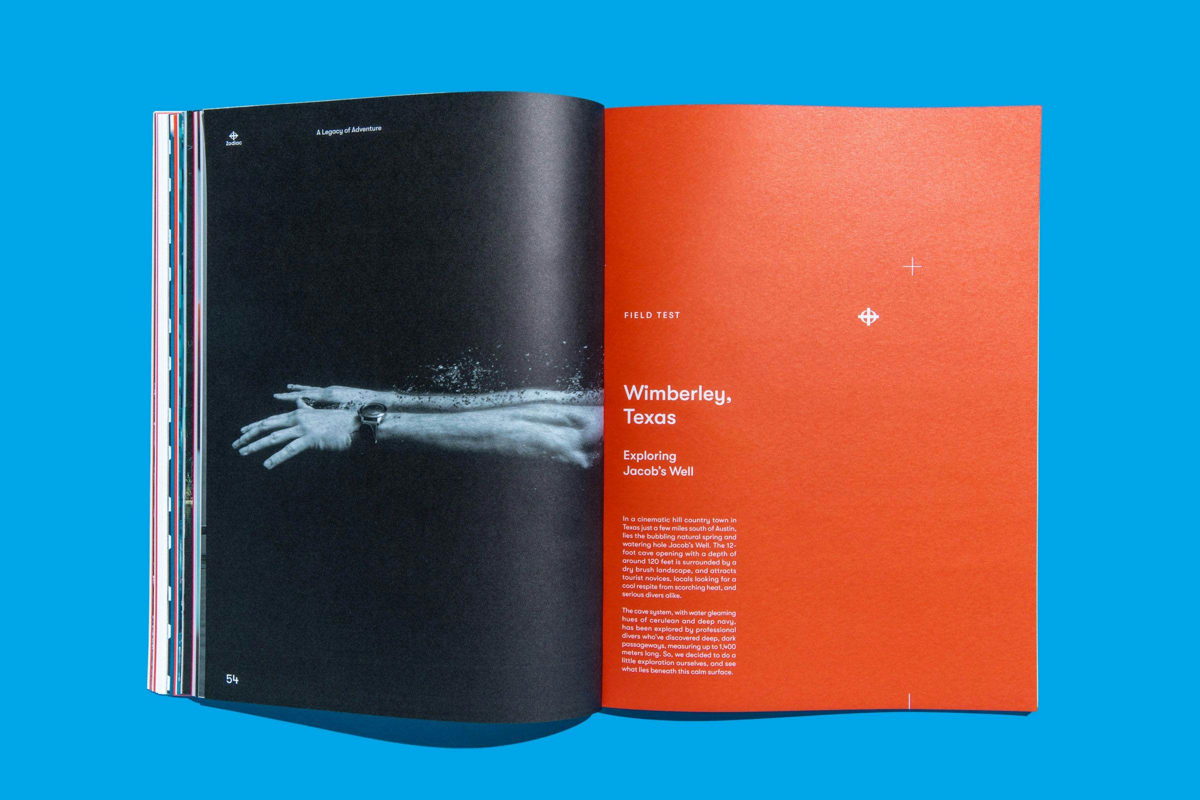 A vibrant orange page with text and a photo of someone reaching out from the Zodiac Watches: Brand Book