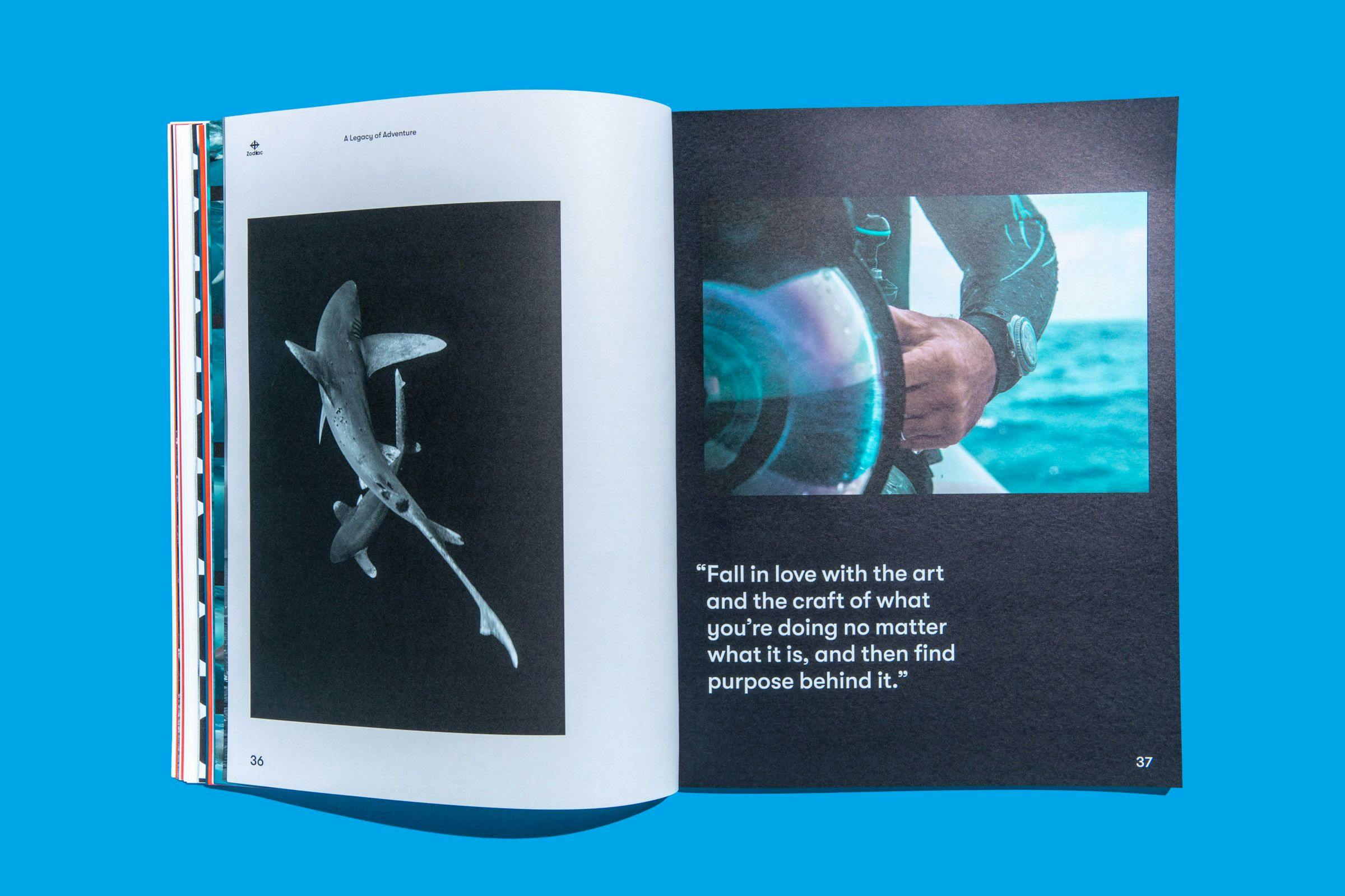 Pages from the Zodiac Watches: Brand Book with photos of a shark and a diver wearing a Zodiac Watch
