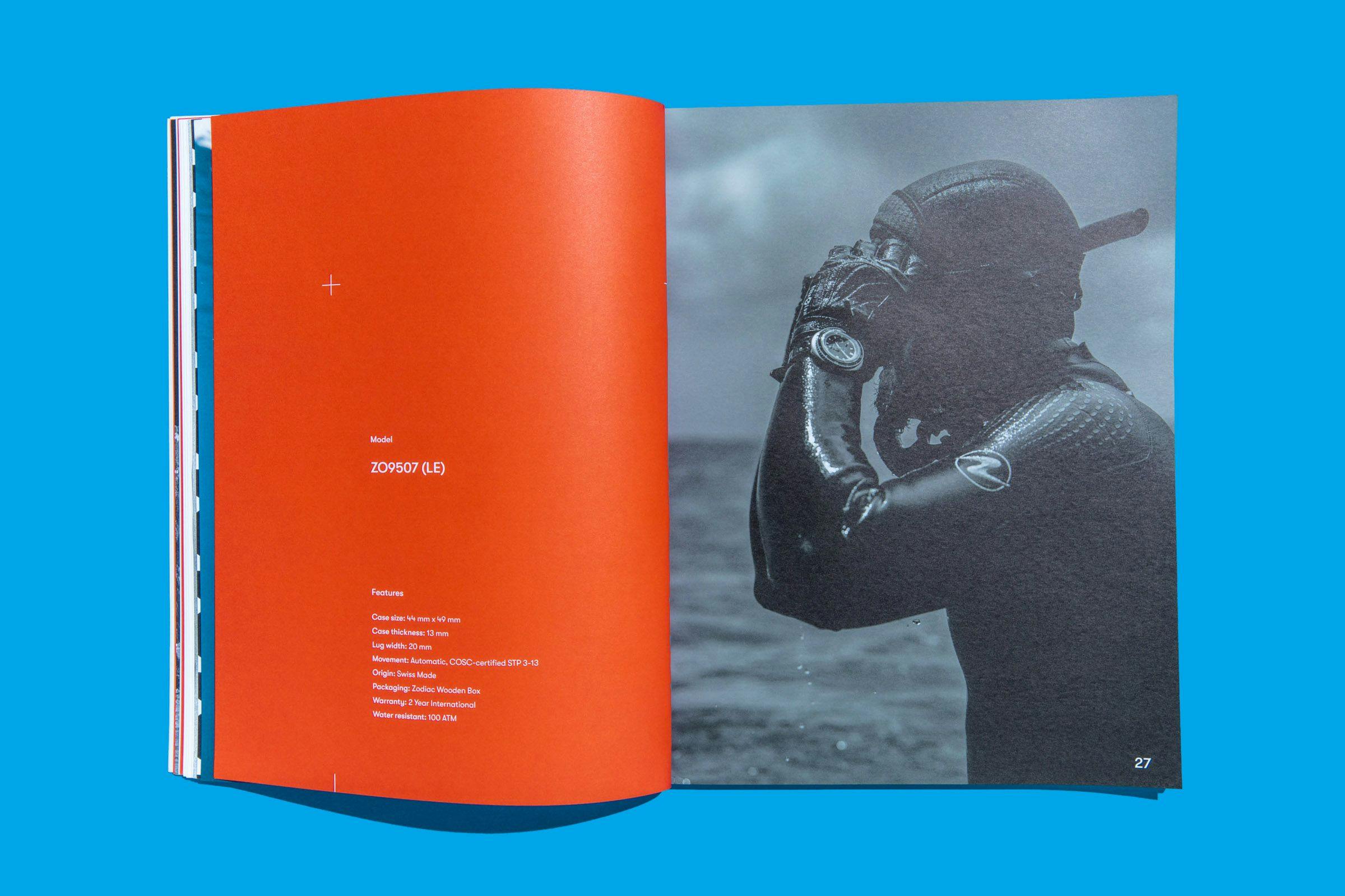 Vibrant pages from the Zodiac Watches: Brand Book featuring a photo of a diver